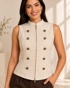 Wholesale women double breasted sleeveless vest zip front and gold button detail