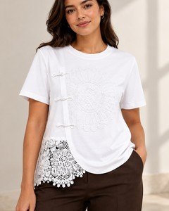 Wholesale women lace patchwork t shirt lace insert and knot-button detail