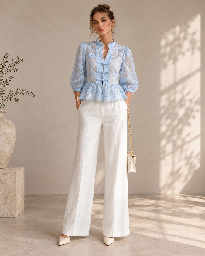 Wholesale women lace peplum blouse front view