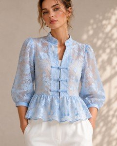 Wholesale women lace peplum blouse floral lace and knot-button detail