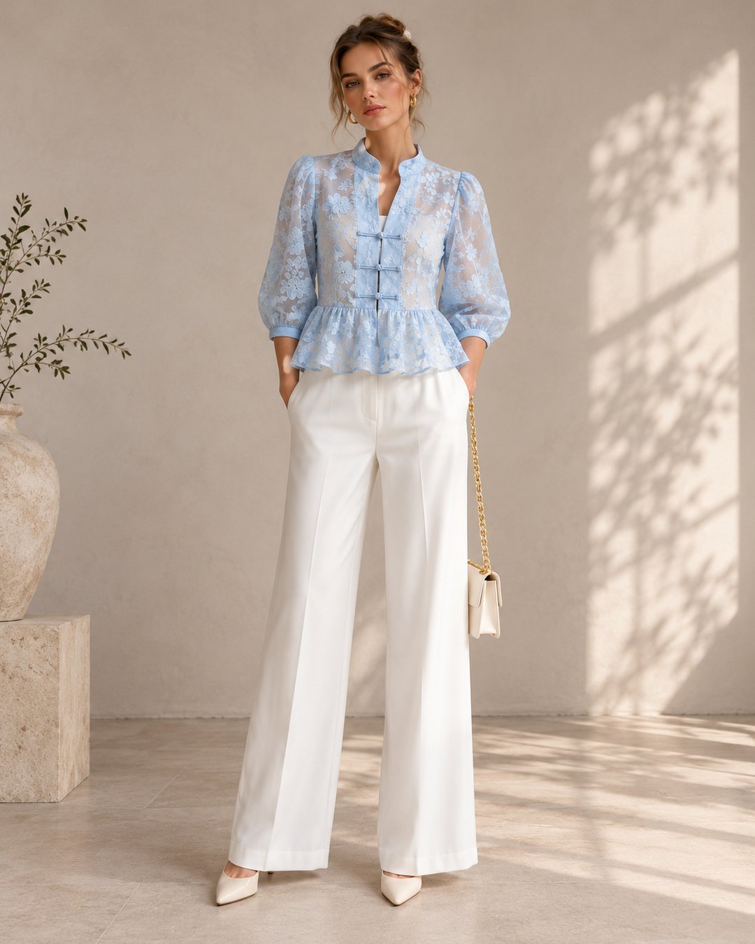 Wholesale women lace peplum blouse front view
