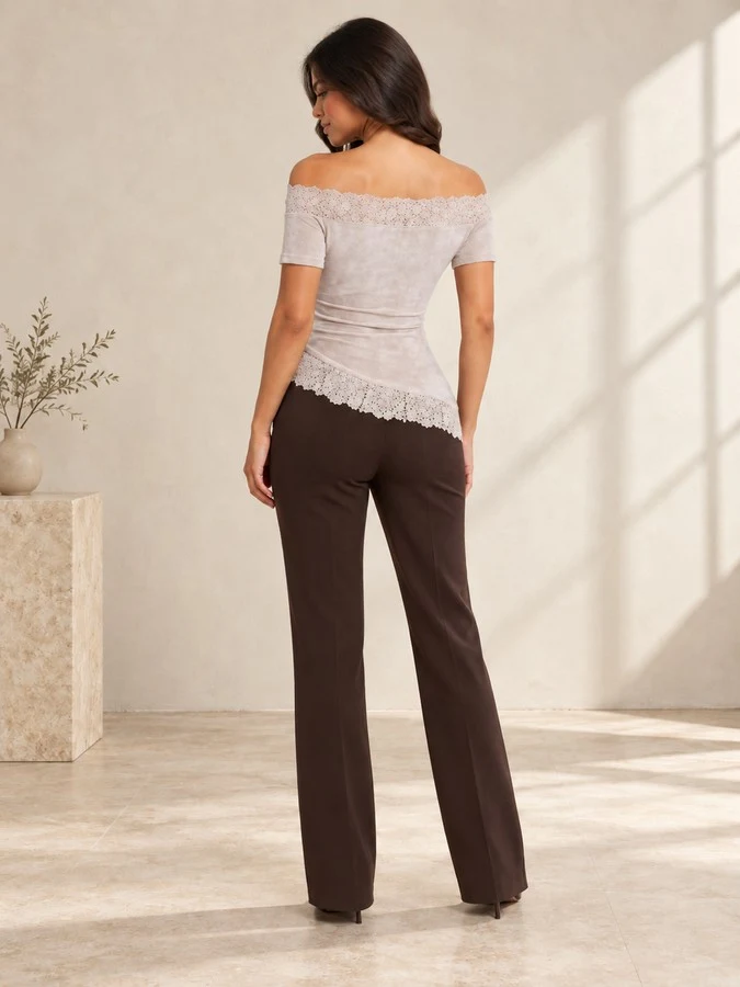 Wholesale women lace trim off shoulder top back view