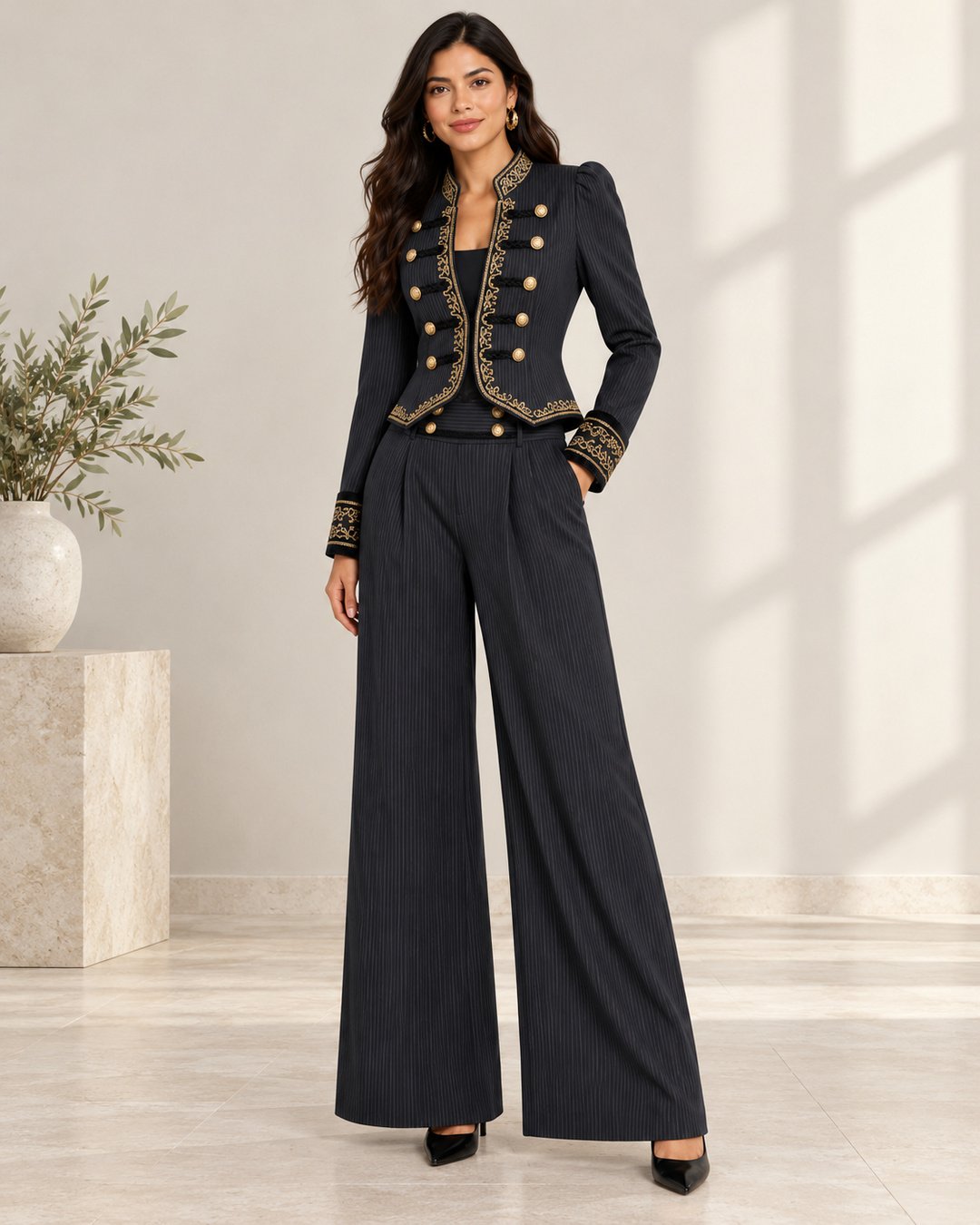 Wholesale women military blazer pants set front view