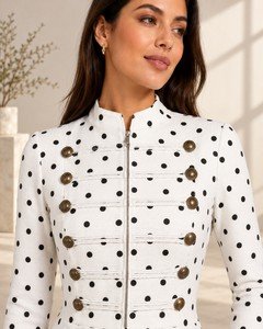 Wholesale women polka dot military jacket gold button and stand collar detail