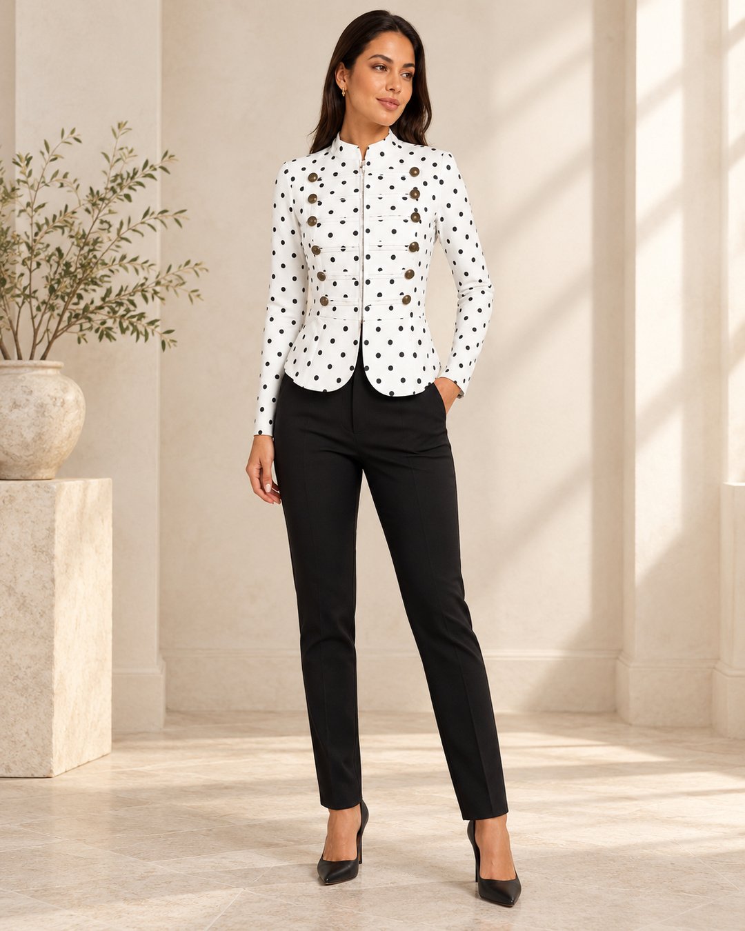 Wholesale Women Polka Dot Military Jacket Front View Wholesale women polka dot military jacket front view