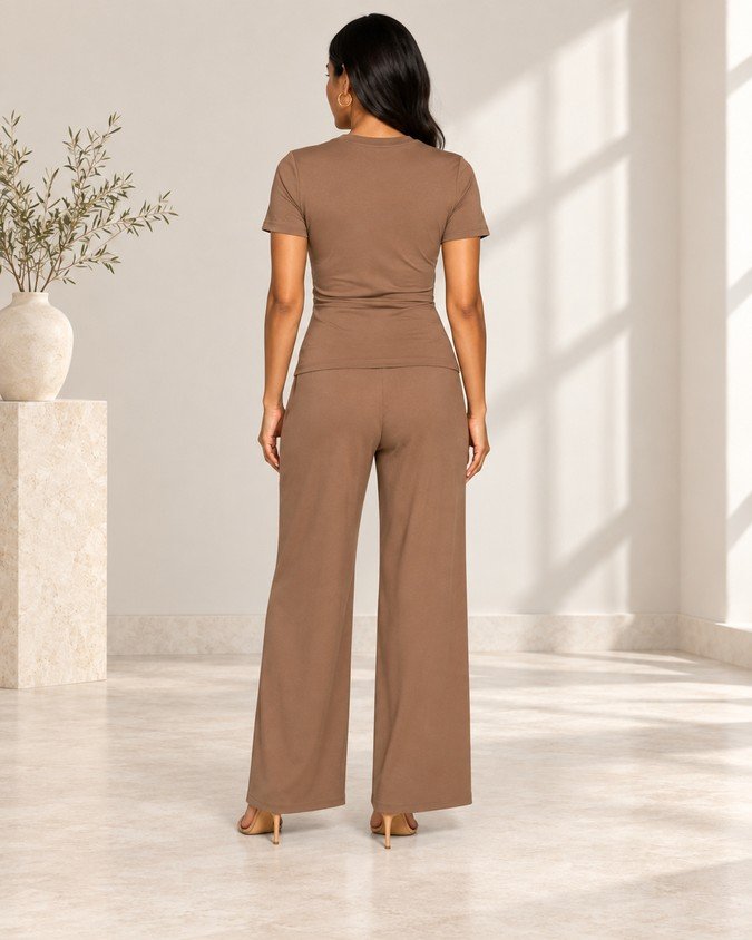 Wholesale women ruched top wide leg pants set back view