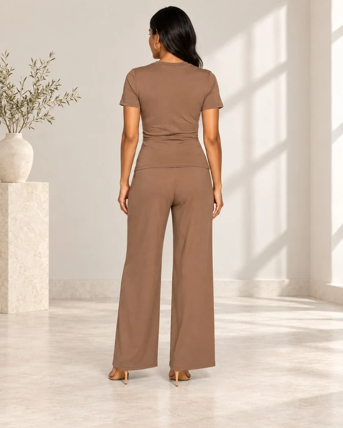 Wholesale women ruched top wide leg pants set back view