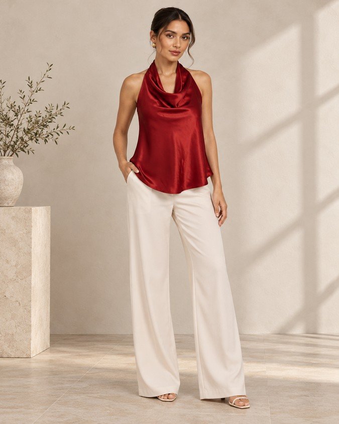 Wholesale women satin halter cowl neck top front view
