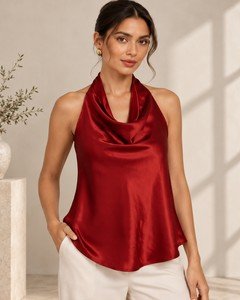 Wholesale women satin halter cowl neck top draped cowl neckline detail