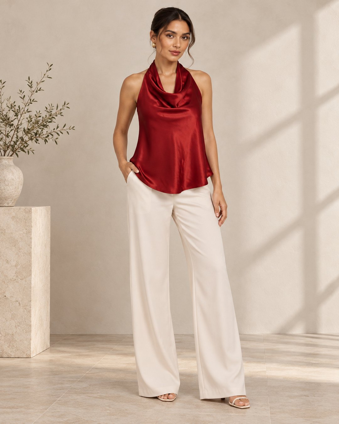 Wholesale Women Satin Halter Cowl Neck Top Front View Wholesale women satin halter cowl neck top front view