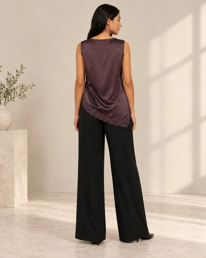 Wholesale women satin lace trim sleeveless top back view