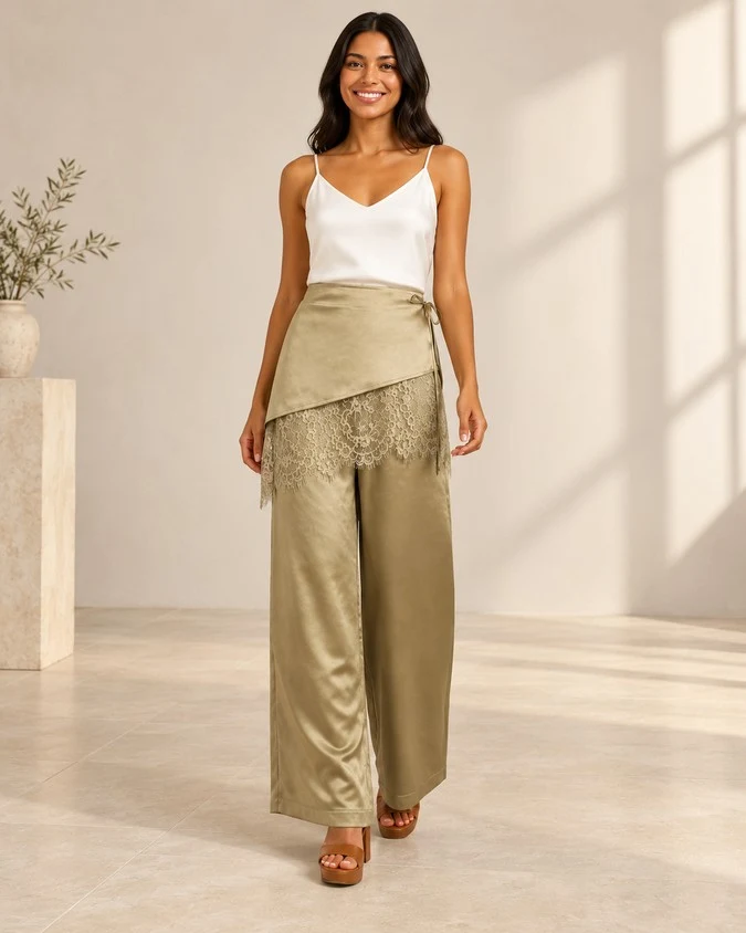 Wholesale women satin wrap midi skirt front view