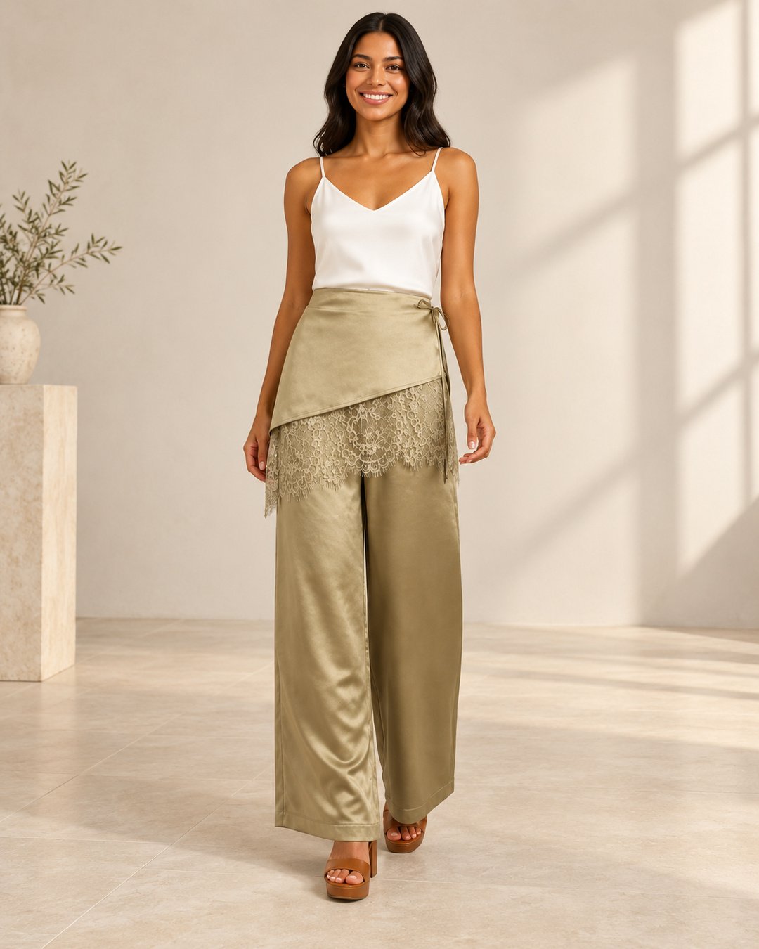 Wholesale women satin wrap midi skirt front view