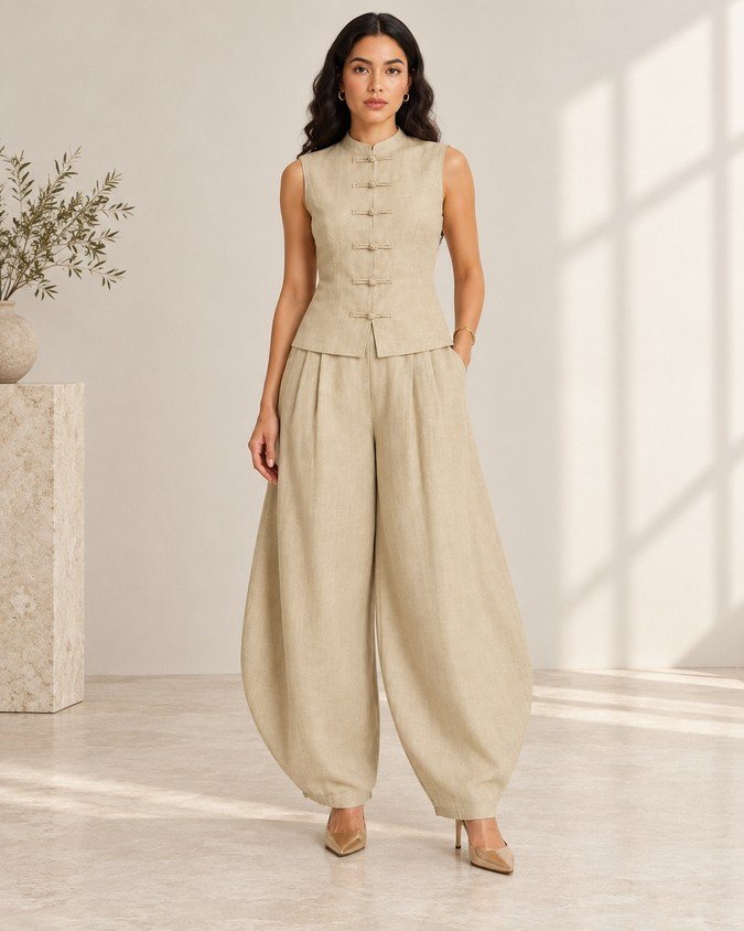 Wholesale women sleeveless vest pants set front view