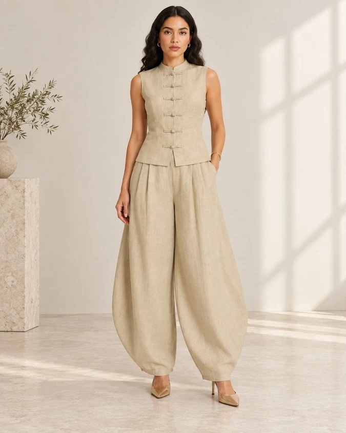 Wholesale women sleeveless vest pants set front view