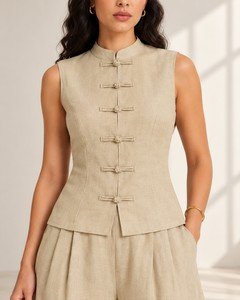Wholesale women sleeveless vest pants set knot-button vest detail