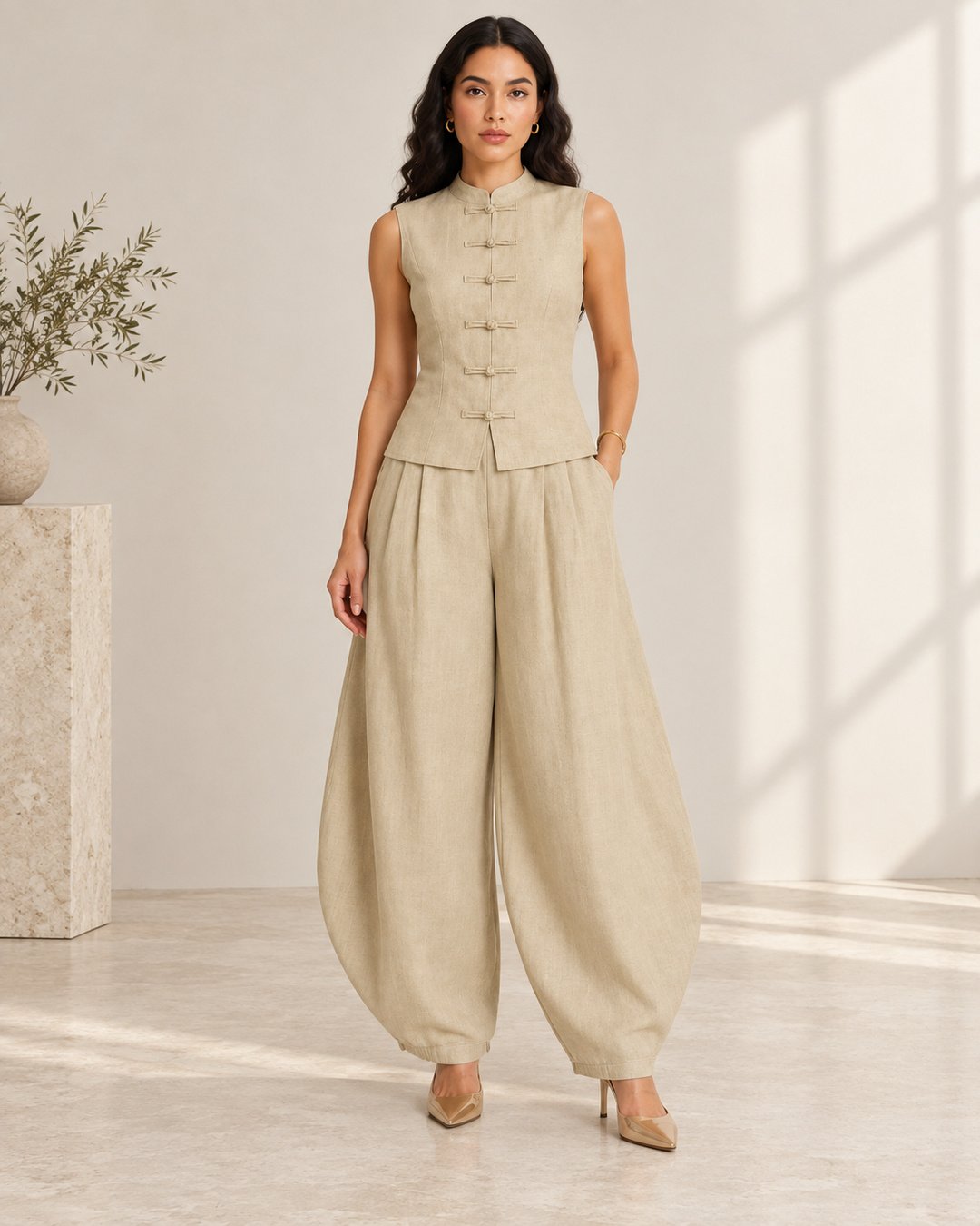 Wholesale women sleeveless vest pants set front view