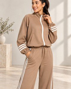 Wholesale women striped hoodie pants set zip front and stripe detail