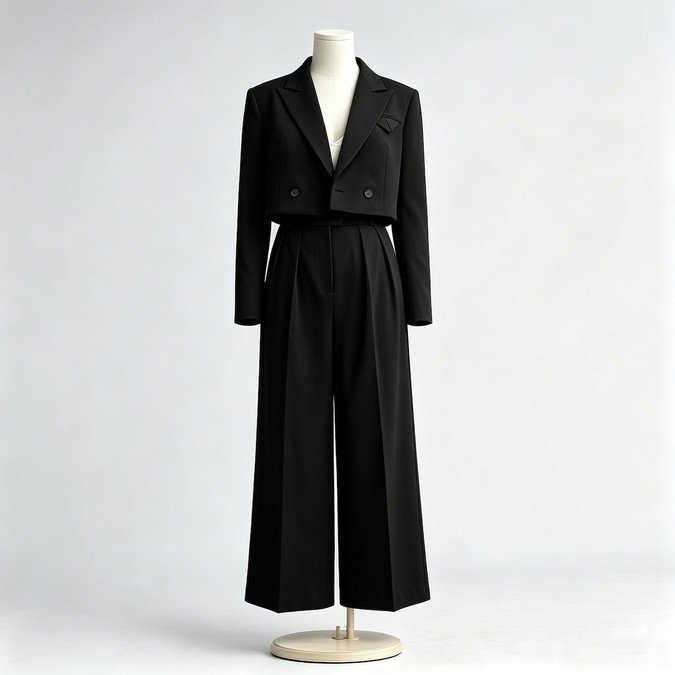 The same cropped blazer pants set photographed in black on a dress form