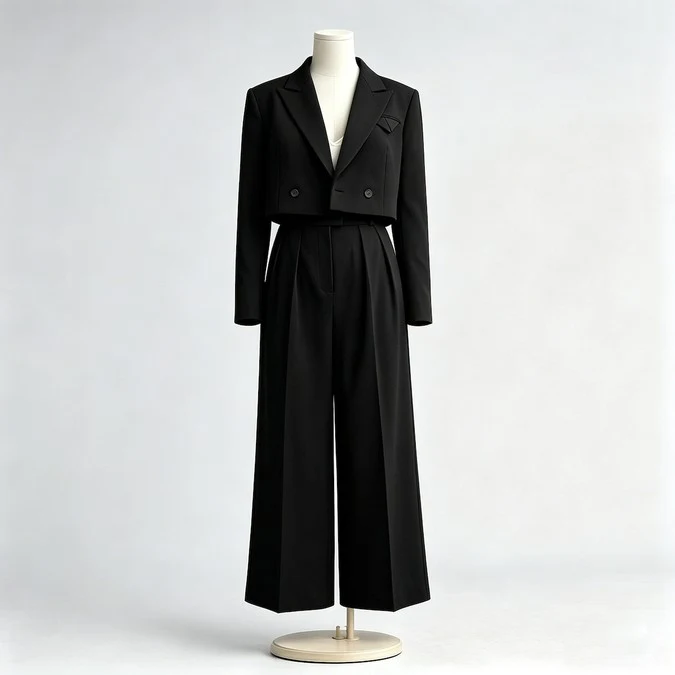 The same cropped blazer pants set photographed in black on a dress form