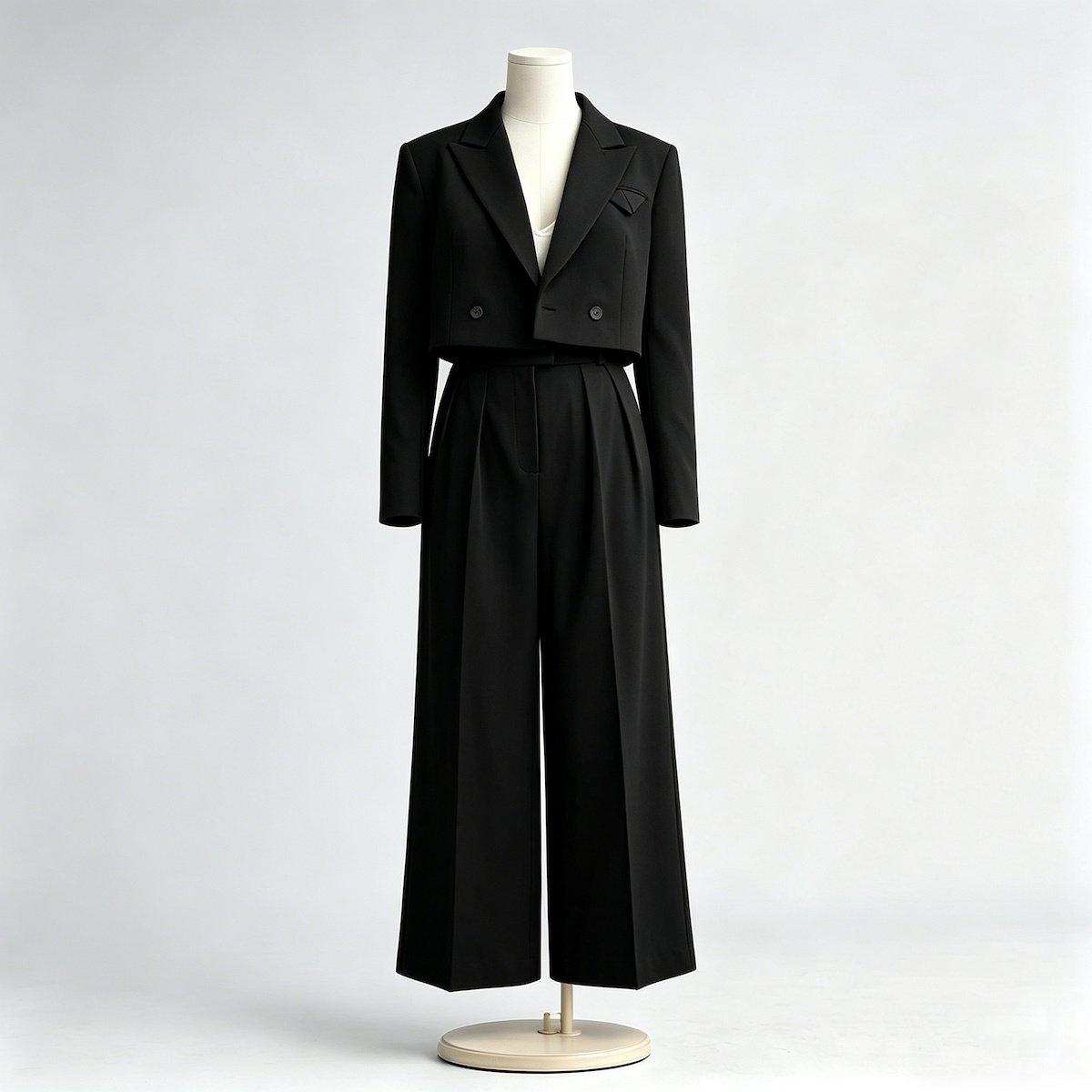 Wholesale women's cropped blazer pants set in black with a cropped double-breasted jacket and wide leg trousers on a mannequin