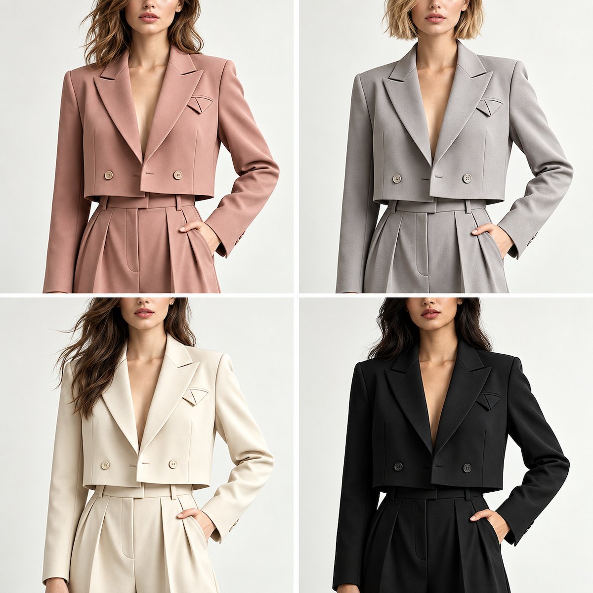Wholesale women's cropped blazer pants set shown in dusty rose, pearl gray, warm ivory and black