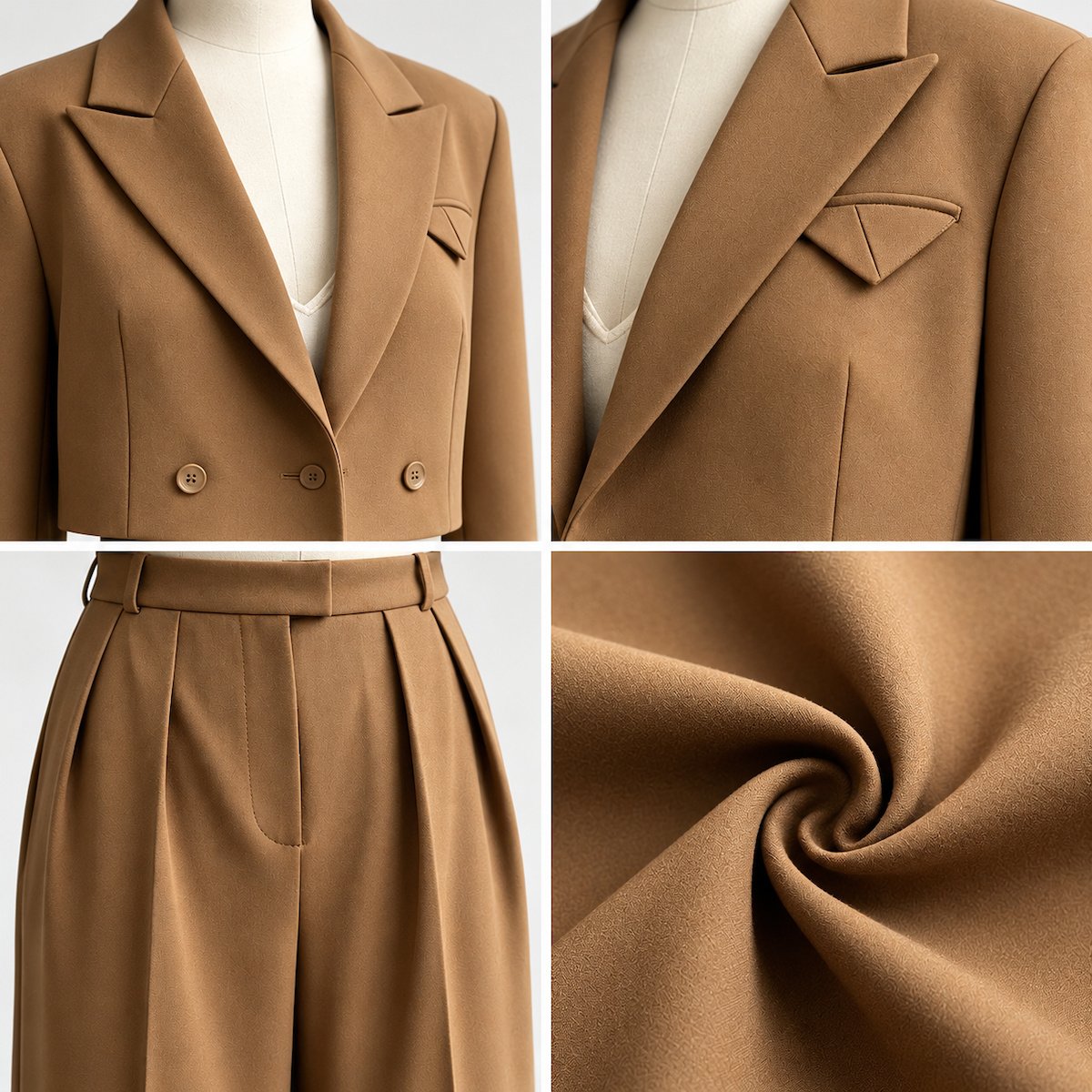 Close-up details of a wholesale women's cropped blazer pants set showing notched lapels, folded chest pocket, pleated waistband and camel suiting fabric