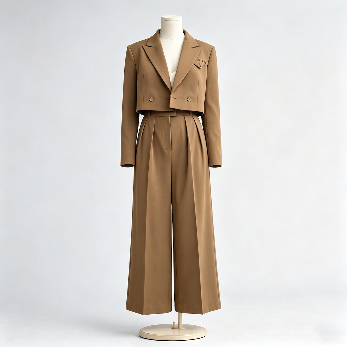 Wholesale women's cropped blazer pants set in khaki with a double-breasted jacket and pleated wide leg trousers on a mannequin