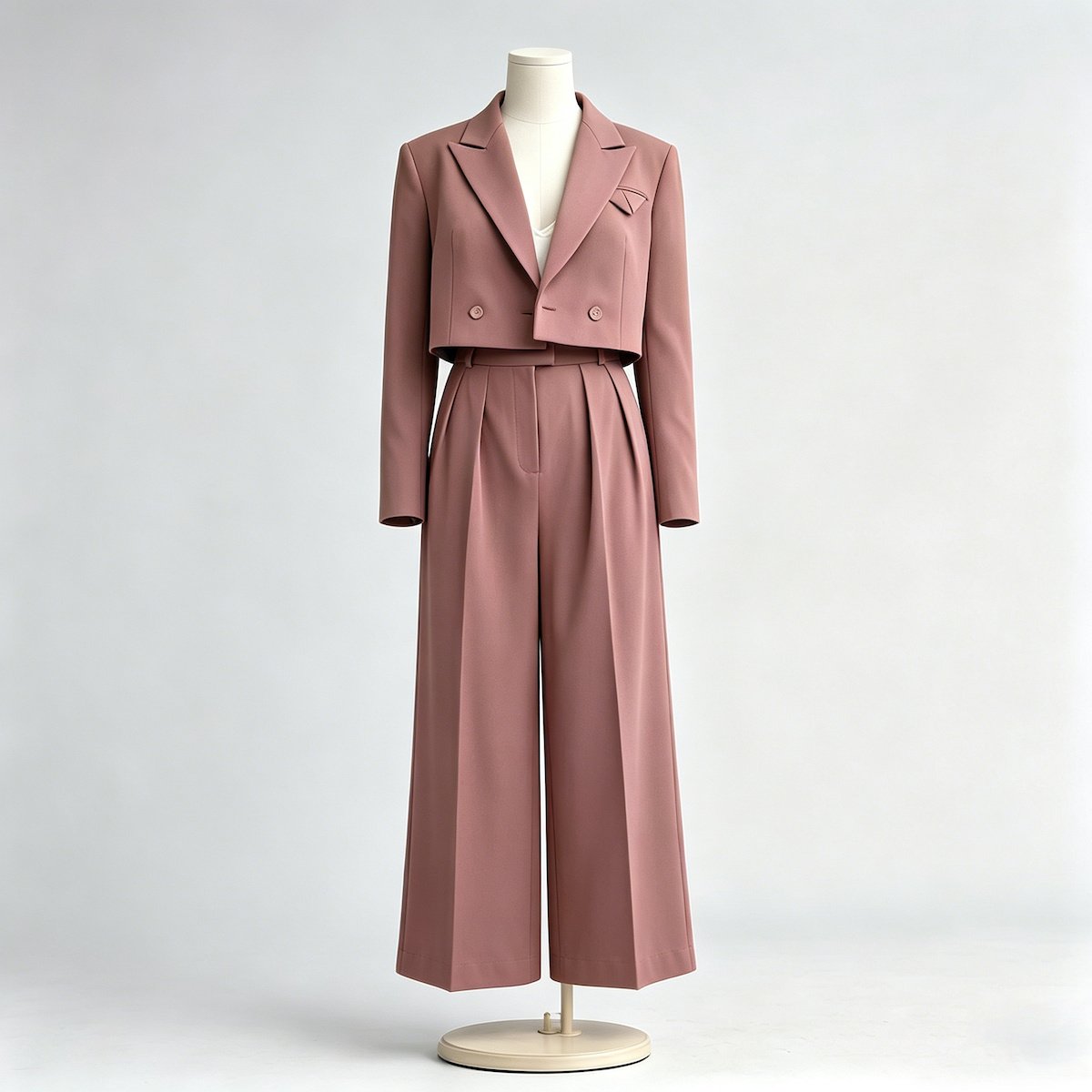 Wholesale women's cropped blazer pants set in pink with a structured cropped blazer and pleated wide leg trousers