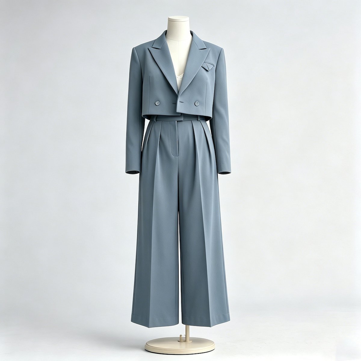 Wholesale women's cropped blazer pants set in sky blue featuring a cropped jacket and high-waisted wide leg trousers