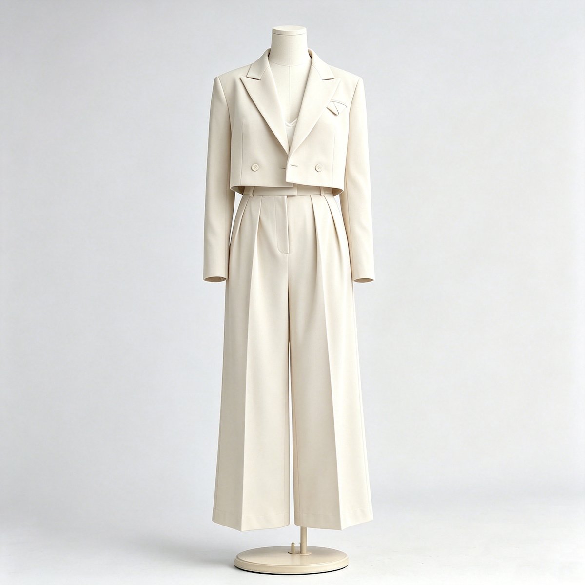 Wholesale women's cropped blazer pants set in white with notched lapels, a folded chest pocket and pleated trousers