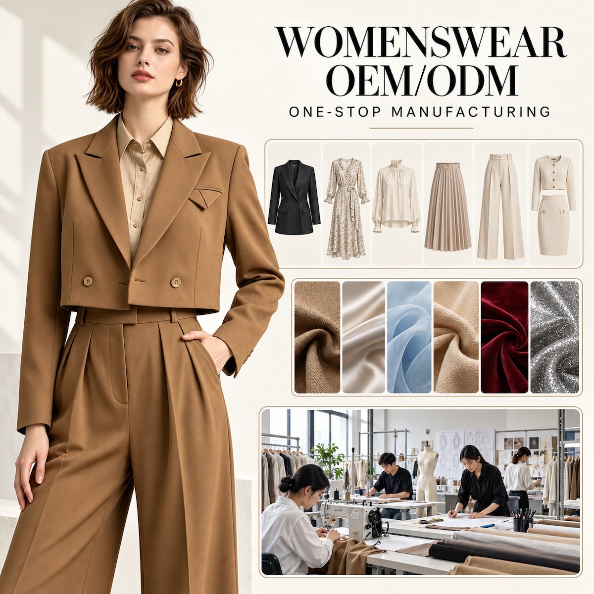 Camel cropped blazer pants set with womenswear styles, fabric swatches and an OEM manufacturing workshop