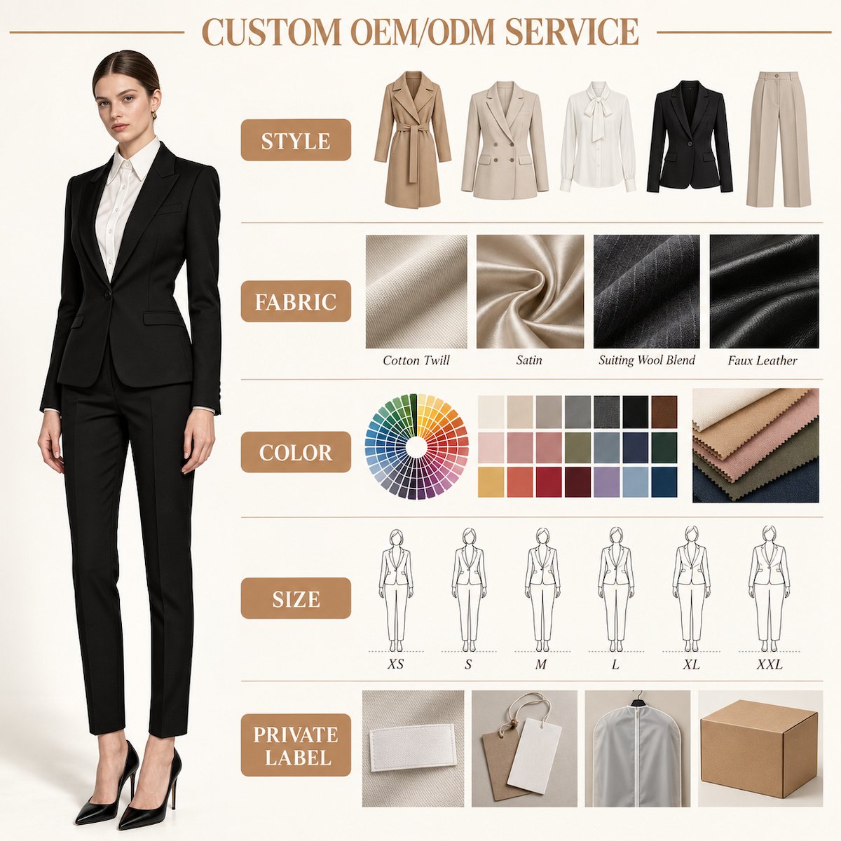 Women's fashion OEM/ODM service showing style, fabric, color, sizing and private label options
