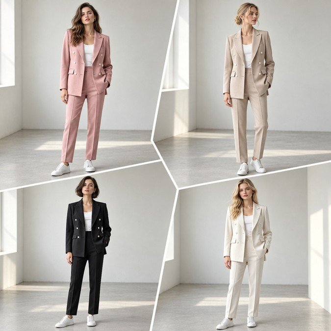 Women's double breasted pantsuit in dusty rose champagne black and ivory color options