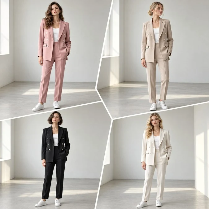 Women's double breasted pantsuit in dusty rose champagne black and ivory color options