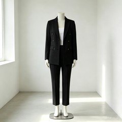Black women's double breasted pantsuit with tonal buttons and slim straight trousers