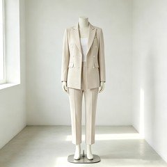 Champagne women's double breasted pantsuit with pearl buttons and tailored trousers