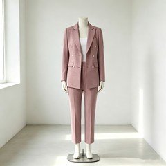 Dusty rose women's double breasted pantsuit with a longline blazer and matching trousers