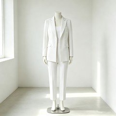 Ivory women's double breasted pantsuit with a longline blazer and matching tailored trousers