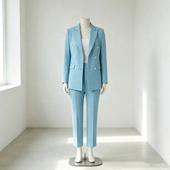 Sky blue double breasted pantsuit displayed on a mannequin with tailored straight trousers