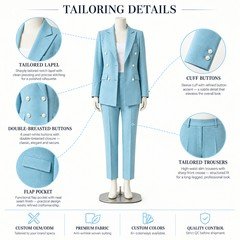Sky blue double breasted pantsuit tailoring details with lapels buttons pockets cuffs and trousers