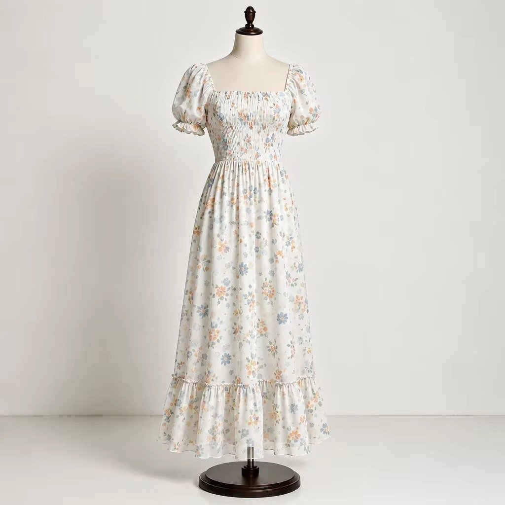 White Floral Chiffon Smocked Maxi Dress White floral chiffon smocked maxi dress with square neckline, puff sleeves and tiered hem