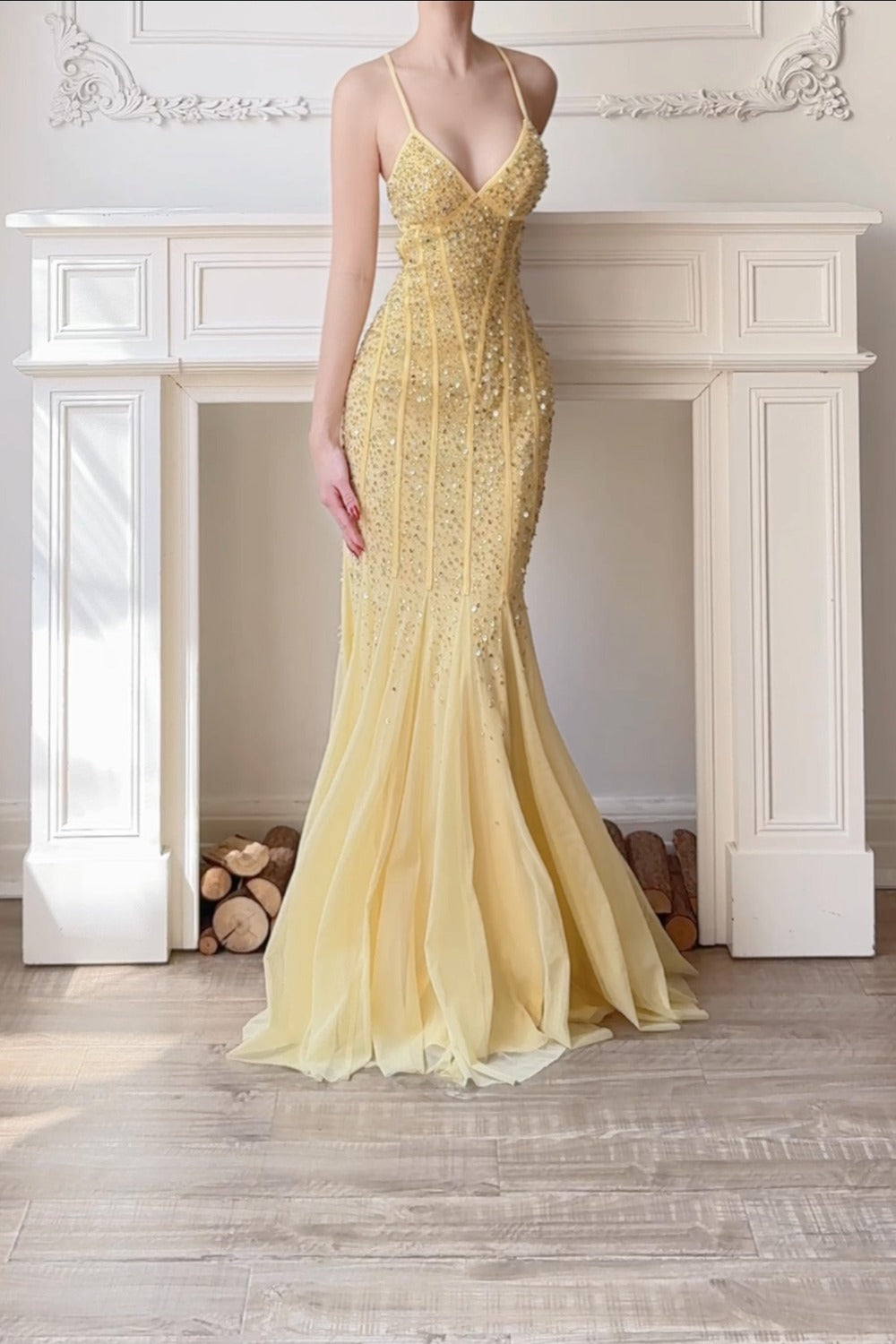 Golden Trail: Goose Yellow Stardust on a Mermaid Gown