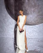 Asymmetric Draped White Maxi Dress H6884