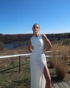 Asymmetric Draped White Maxi Dress H6884