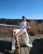 Asymmetric Draped White Maxi Dress H6884