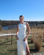 Asymmetric Draped White Maxi Dress H6884