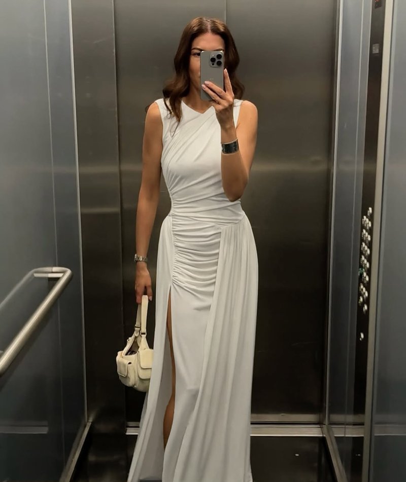 Asymmetric Draped White Maxi Dress H6884