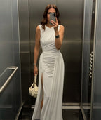 Asymmetric Draped White Maxi Dress H6884