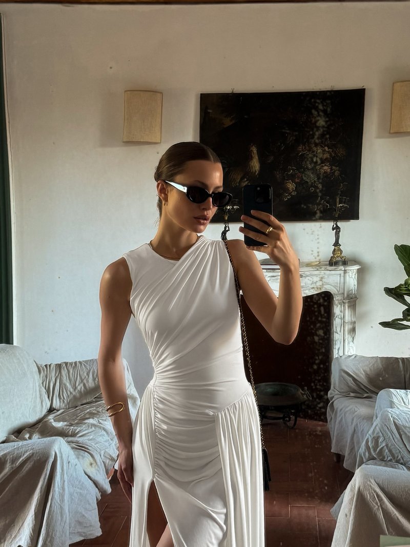 Asymmetric Draped White Maxi Dress H6884